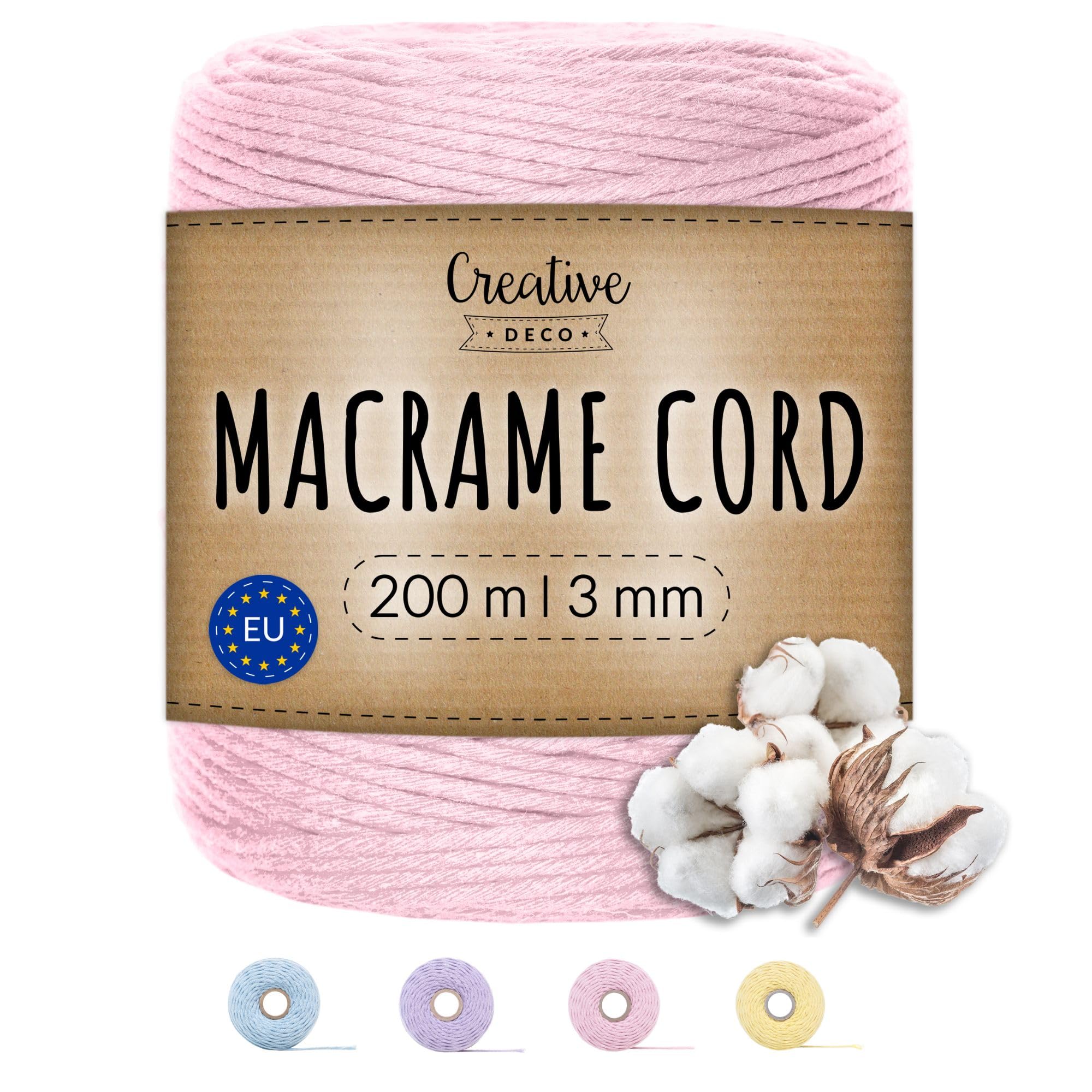 Creative Deco 656 Feet Pastel Pink Macrame Cord | 200m | 3mm Thick | 30 Ply | Cotton Polyester Rope String Yarn Twine Elastic Cord | for Easter, Art and Craft, DIY, Gift Wrapping, Wall, Plant | Strong
