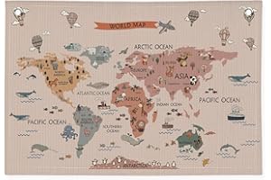 Wheatwin World Maps for Wall, World Map Bannr for Kids, Cute Animal World Map Educational Tapestry Wall Hanging Banner Flag Decor for Kids Room Classroom Playroom
