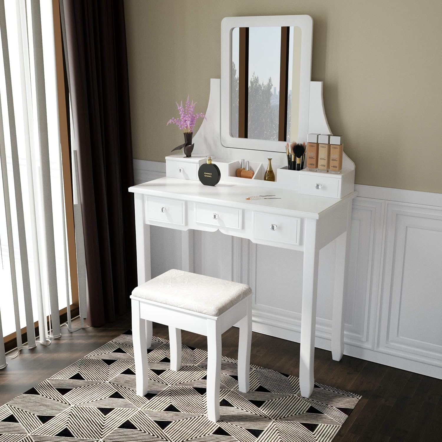 Amazon Com Sha Cerlin Vanity Table Set Makeup Dressing Table With 5 Crystal Handle Drawers Mirror Cushioned Stool For Corner Bedroom Home Decor White