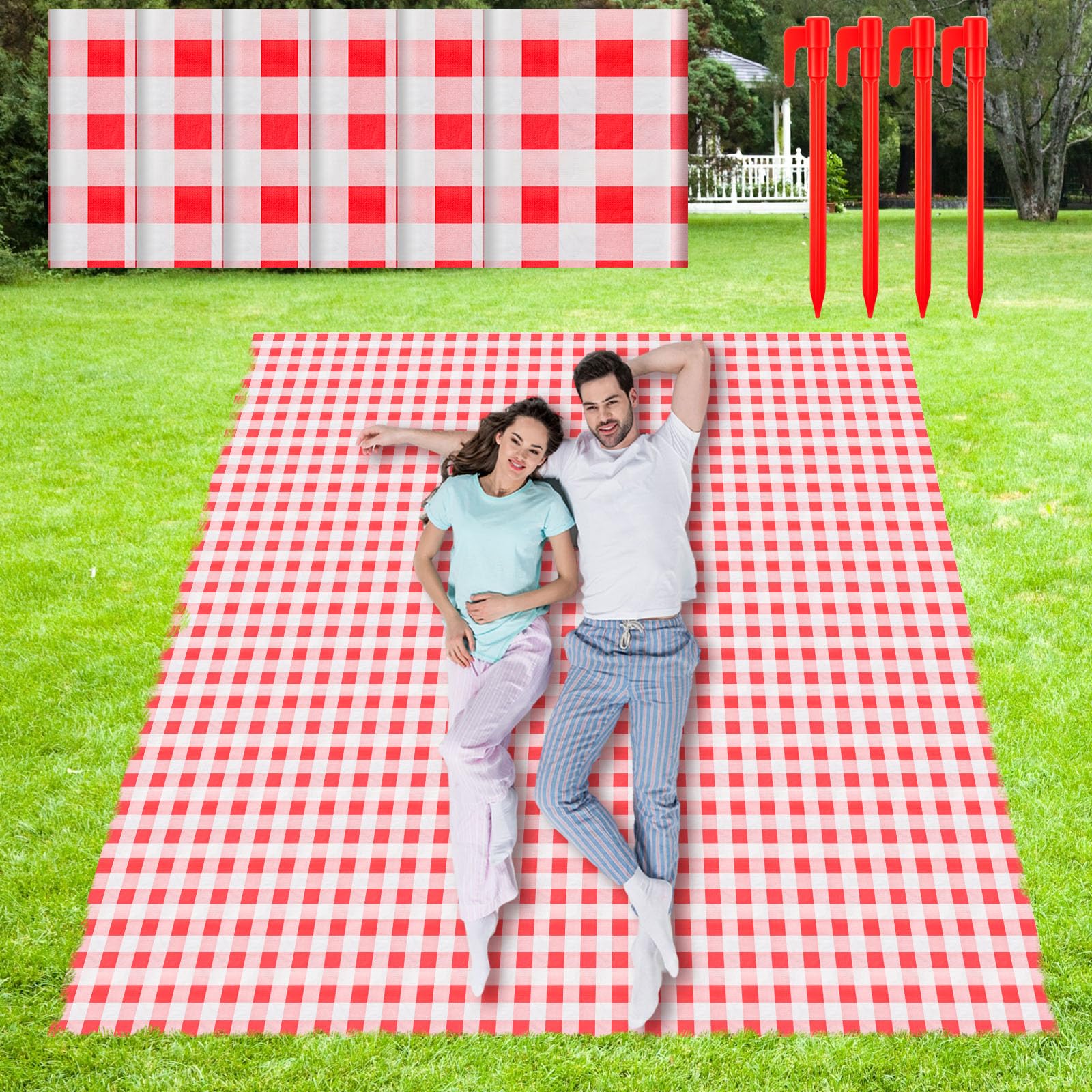 Photo 1 of HunnmingRe 6 Pcs Disposable Outdoor Picnic Blankets 70.9''x70.9'' Thicken Foldable Waterproof Picnic Mats Gingham Oil Proof Camping Blankets with 4 Ground Spikes for Beach Travel Hiking Concerts Grass