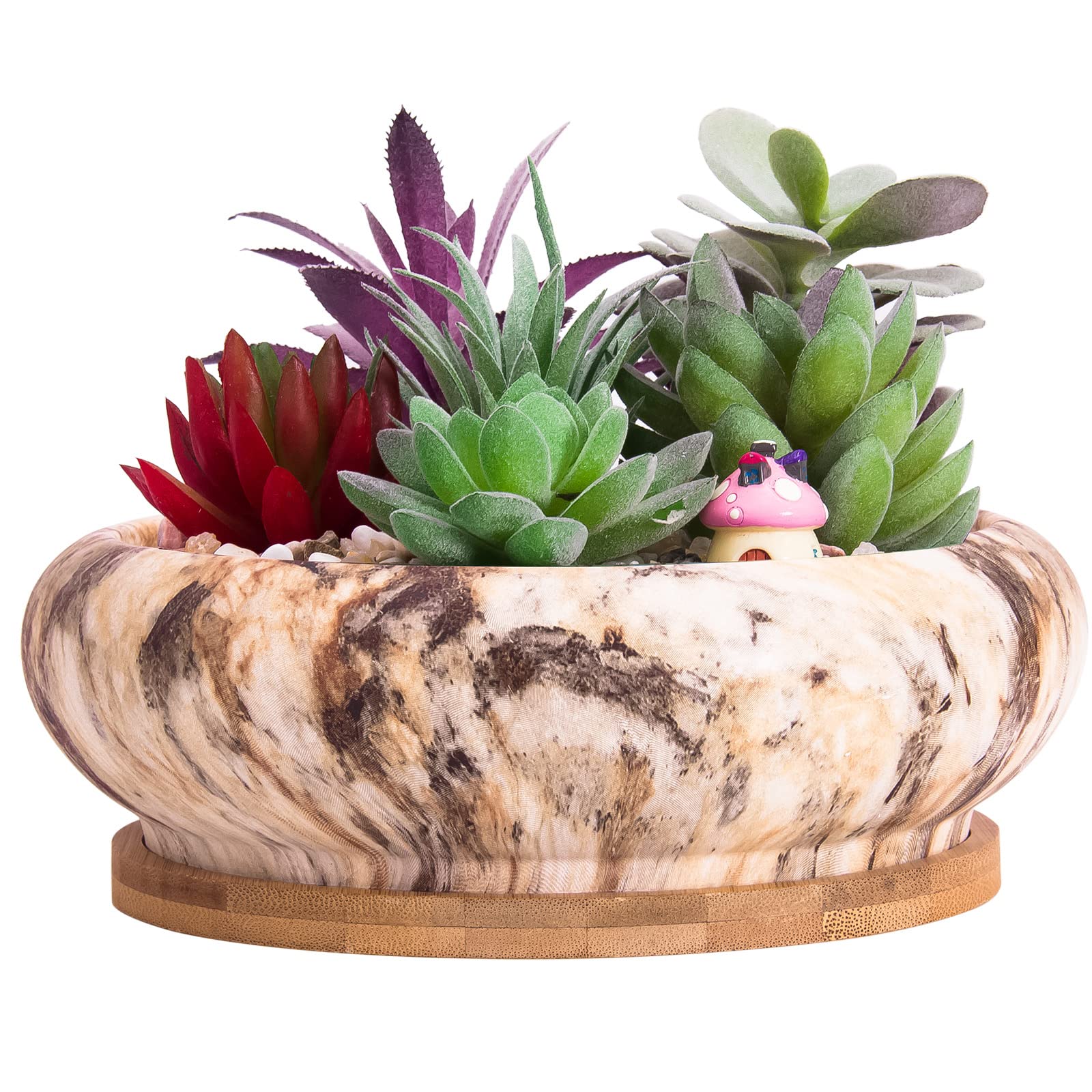 ARTKETTY Succulent Plant Pots, 18.5CM Large Bonsai Pot with Drainage Tray Marble Cactus Plant Pot Ceramic Pots for Indoor/Outdoor Flower Plants Shallow Planter Container Bowl for Home Office Decor