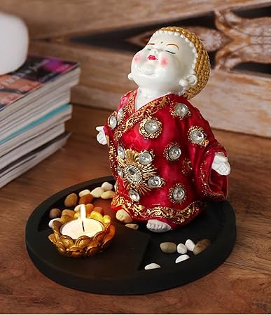 Tied Ribbons Buddha Monk Handicraft Idol Statue Decorative Showpiece Figurine With Tealight And Stones On Wooden Tray | Diwali Gifts For Office