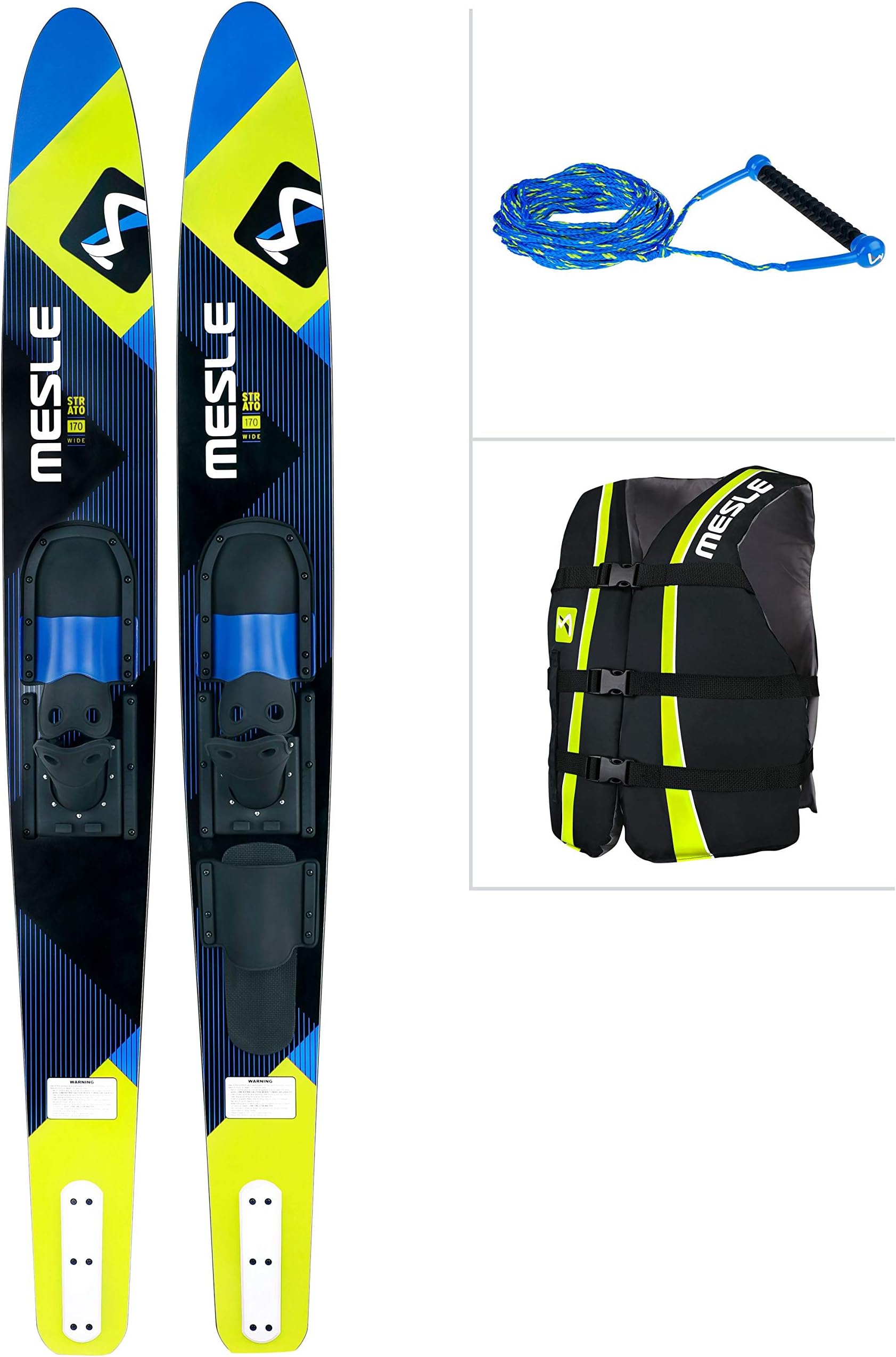 MESLE Combo Waterskis Package Strato 170 cm with Vest Sportsman + Rope Com, Water-Skis up to 120 kg Body Weight, for Beginners to Intermediate, Color blue, lime, red