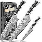 BRODARK Damascus Chef Knife 3 PCS, VG10 Steel Full Tang Sharp Professional Japanese Chef Knife Set for Kitchen, Ergonomic Pakkawood Handle Damascus Knife Set with Gift Box