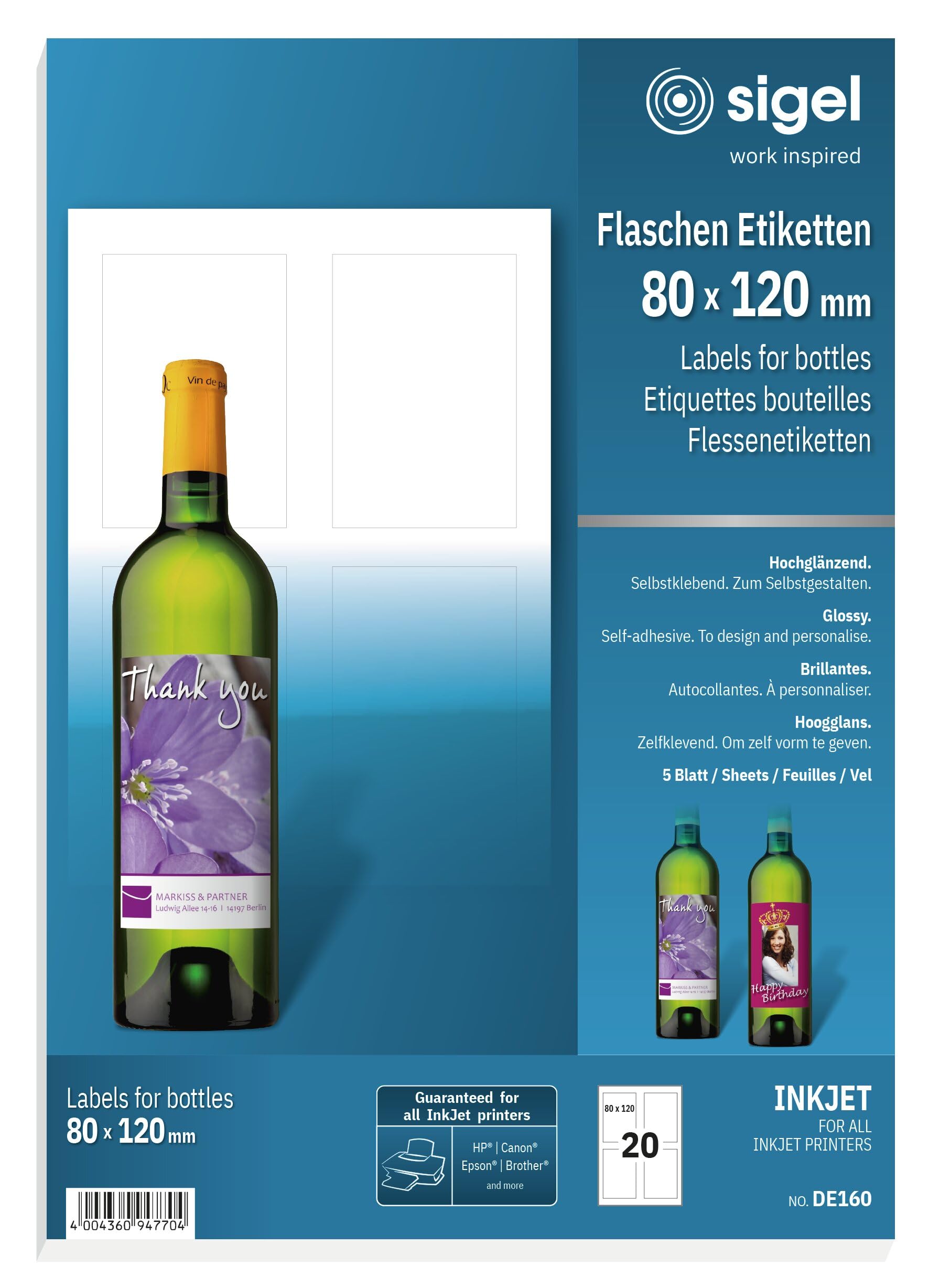 SIGEL DE160 Bottle Lables, 8 x 12 cm, 20 lbl equal to 5 sheets, White