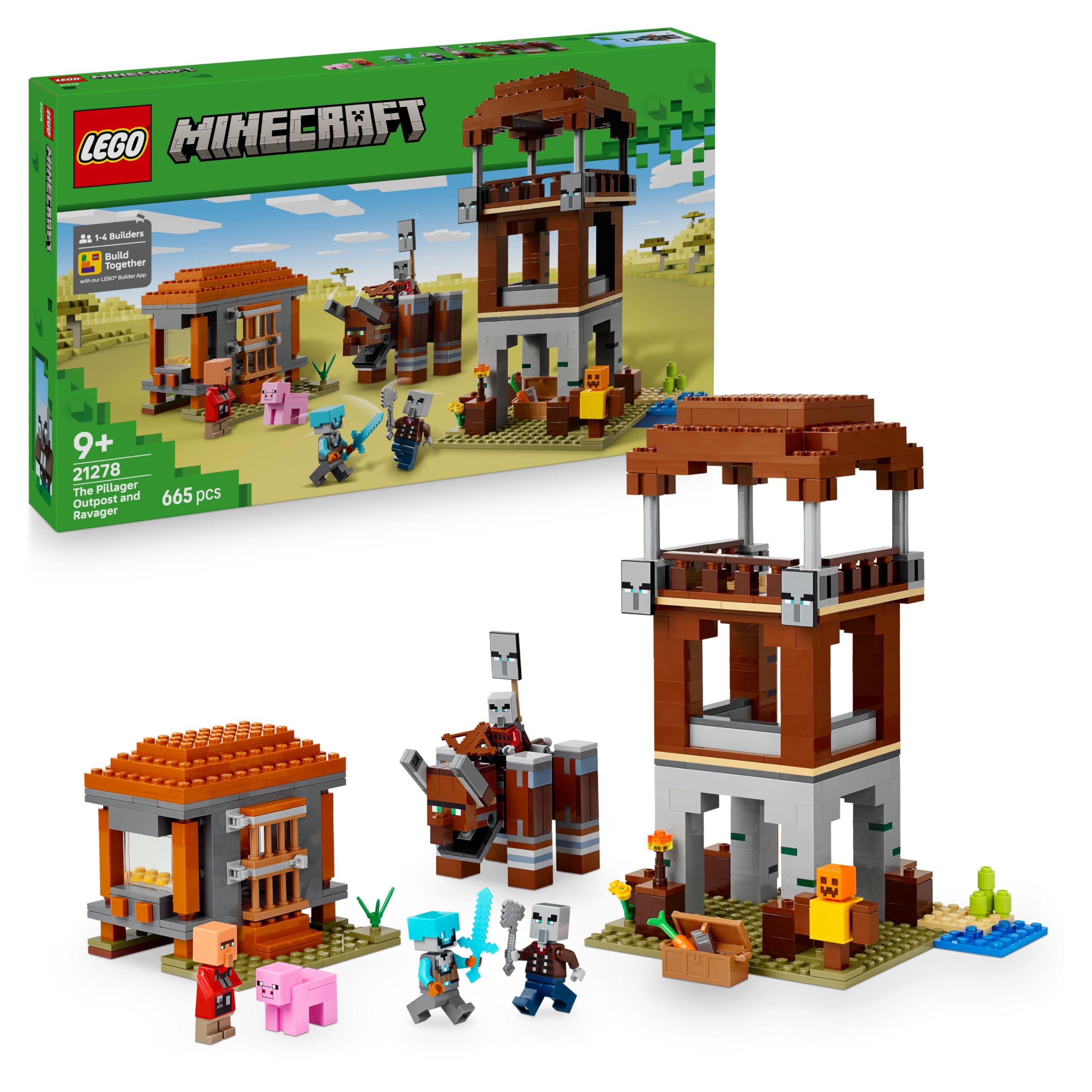 LEGO Minecraft L’Avamposto del Saccheggiatore e Predone - Giocattolo con Figura Snodabile del Razziatore con Funzione di Mascella Sferra Testate e Fortezza - Regalo per Gamer e Bambini 8+ Anni - 21278
