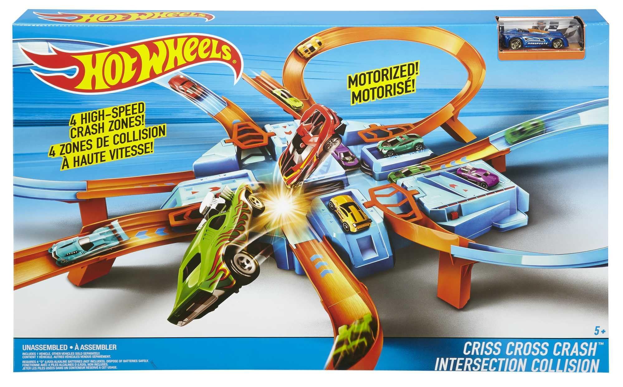 Hot Wheels Track Set with 1:64 Scale Toy Car, 4 Intersections for Crashing, Powered by a Motorized Booster, Criss-Cross Crash Track (Amazon Exclusive)