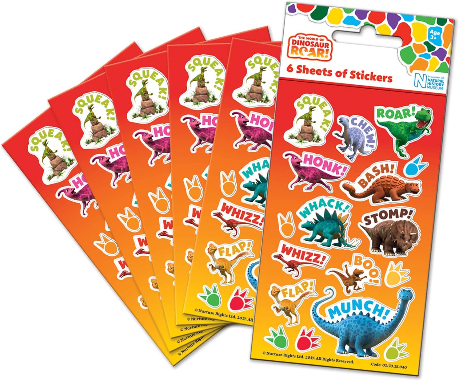Dinosaur Roar Party Bag Sticker Pack (Six Sheets), Orange, 16cm x 7.5cm