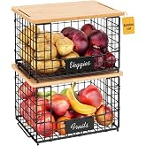 2 Pack Stackable Wire Baskets with Bamboo Top,Pantry Organizers Counter | Potato and Onion Storage Bin with Labels &amp; 2 Pads, Kitchen Organization for Fruit, Vegetable, Produce, Bread, Cabinet