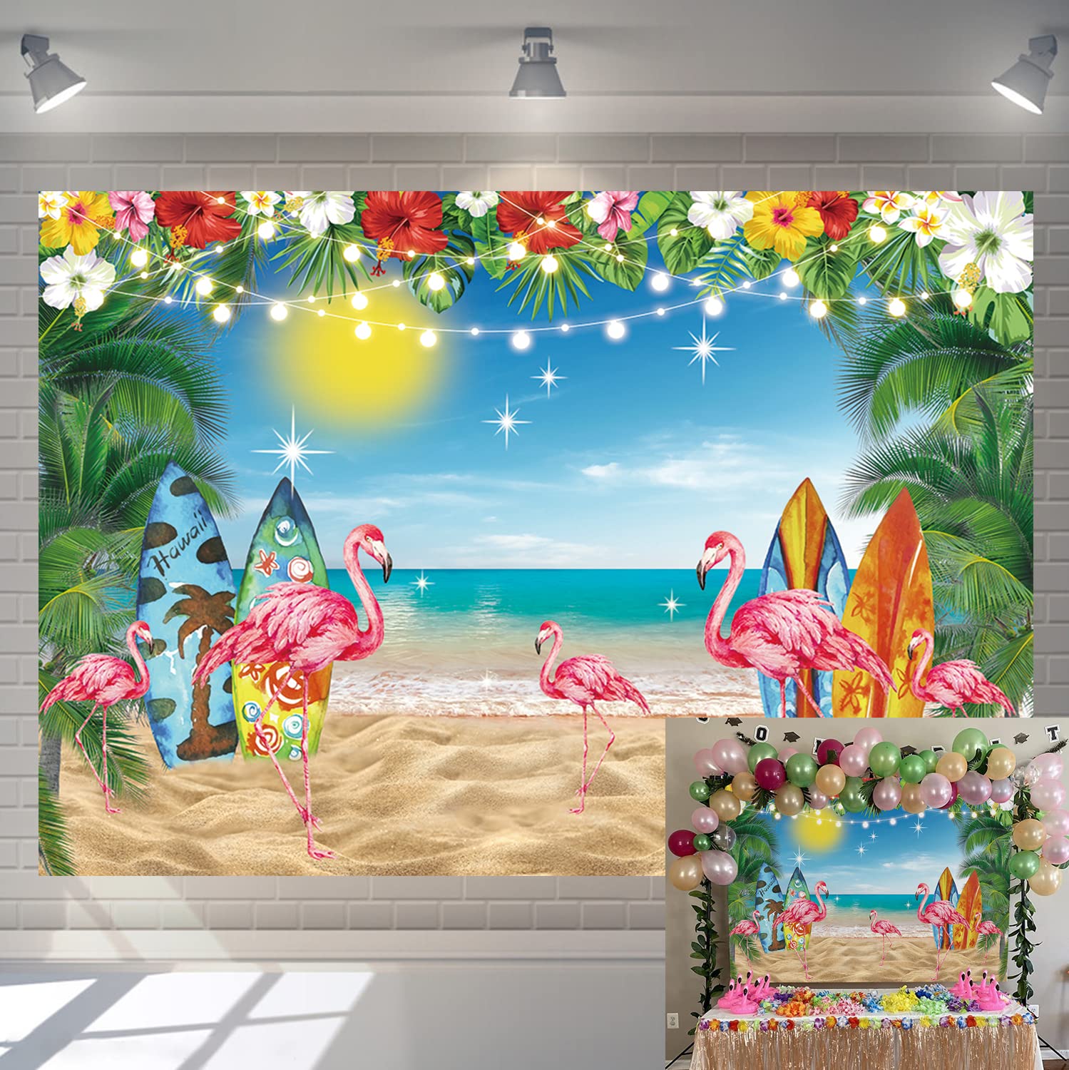 Hawaii Summer Beach Backdrop Tropical Summer Island Seaside Surf Background Sky Ocean Flamingo Palm Leaves Decoration Banner Aloha Luau Happy Party Photography Photo Props (8X6FT)