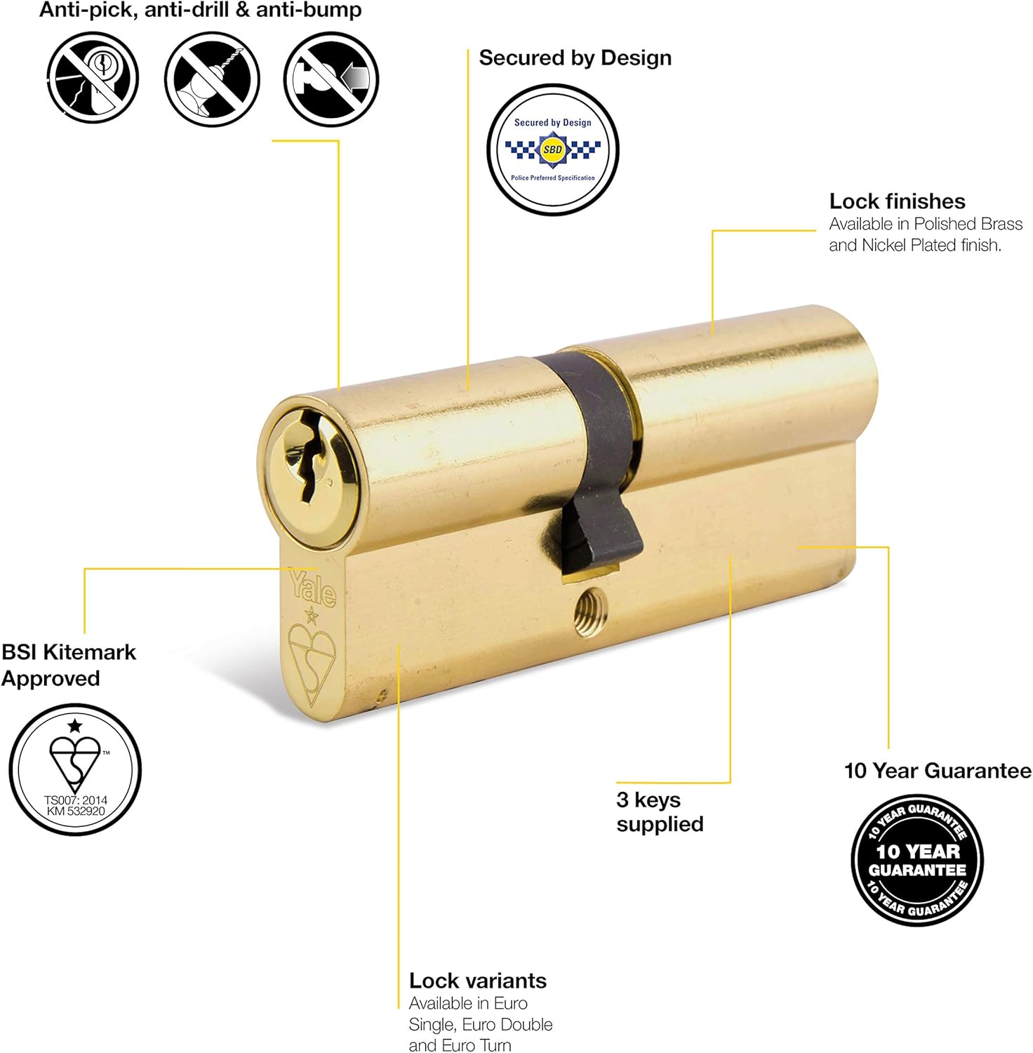 Yale KMT3030-PB Euro Thumbturn 1 Star Kitemarked Cylinder, 3 Keys Supplied, High Security, Boxed - Image 5
