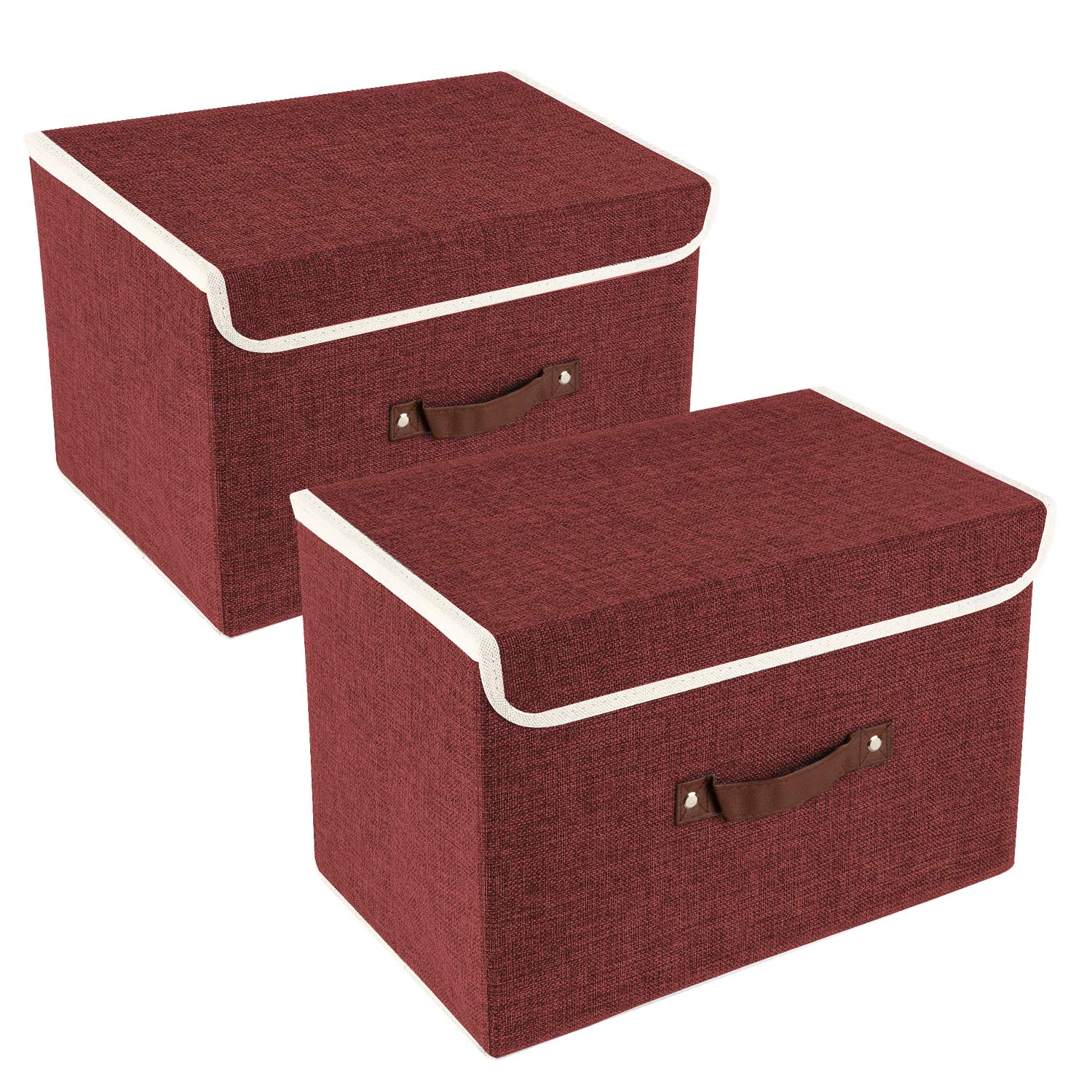 TYEERS Collapsible Storage Box with Lid, Fabric Storage Box for Clothes, Wardrobe Storage, 38x25x25 cm, Set of 2, Red Wine