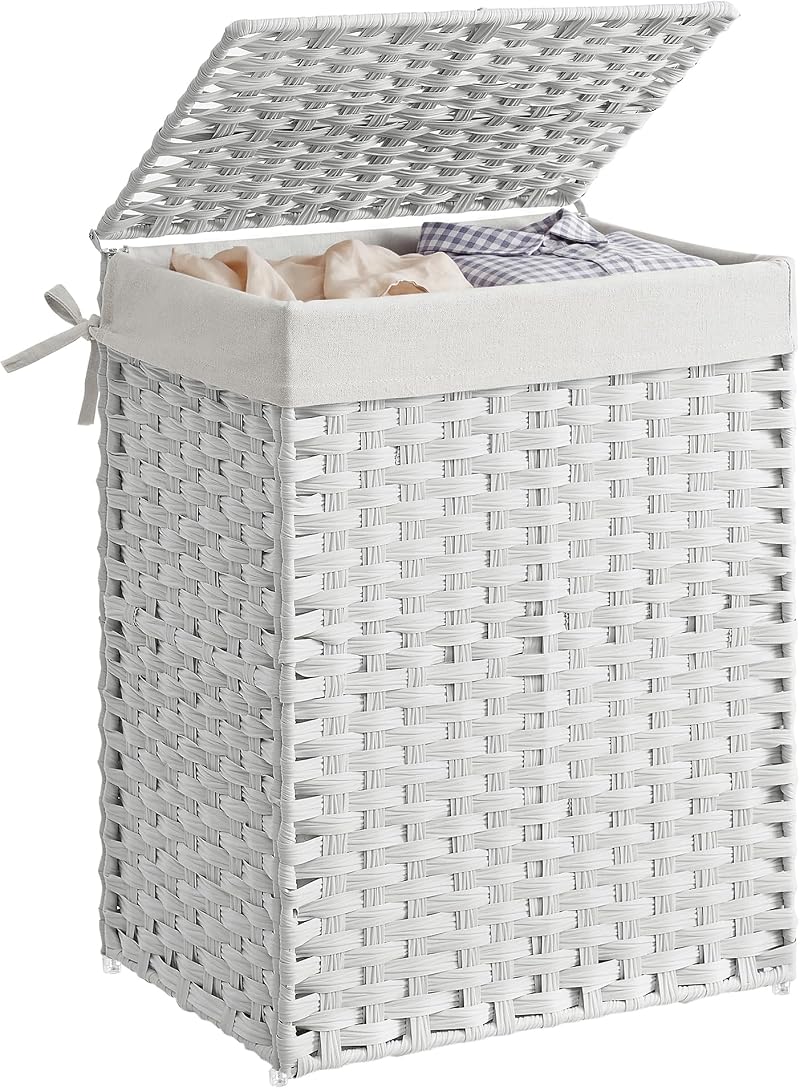 SONGMICS Handwoven Laundry Basket 90L White with Lid and Handles LCB51WT