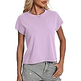 Womens Summer Tops, Cotton Crew Neck Cap Sleeve Loose Fit Shirts, Casual Trendy Lightweight Pullover Basic Tees