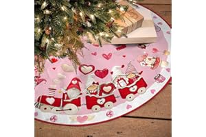 Rovozar Valentine's Day Tree Skirt, Pink Gnome Tree Skirt 36 Inch, Pink Red Truck Christmas Tree Decoration, Gifts for Valentine's Day Anniversary Engagement Party Decor