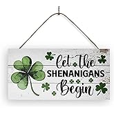 St. Patrick's Day Door Hanger Sign Let The Shenanigans Begin Rustic Wooden Shamrock Hanging Decor for Home Door Wall Art Porch Party Decorations Gifts
