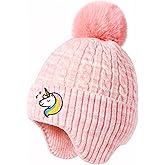 FENELY Girls Boys Winter Hat 3-12, Children's Warm Knitted Earflaps Beanie with Pom Pom Thicken Fleece Lining Cap for Kids