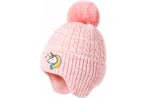 FENELY Girls Boys Winter Hat 3-12, Children's Warm Knitted Earflaps Beanie with Pom Pom Thicken Fleece Lining Cap for Kids