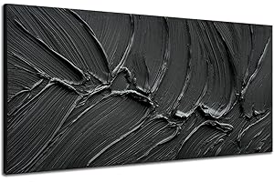 zoinart Hand Painted Thick Texture Black Minimalist Oil Painting Modern Contemporary Art 24x48 Inches Oil on Canvas Abstract Black Textured Wall Art Home Decoration