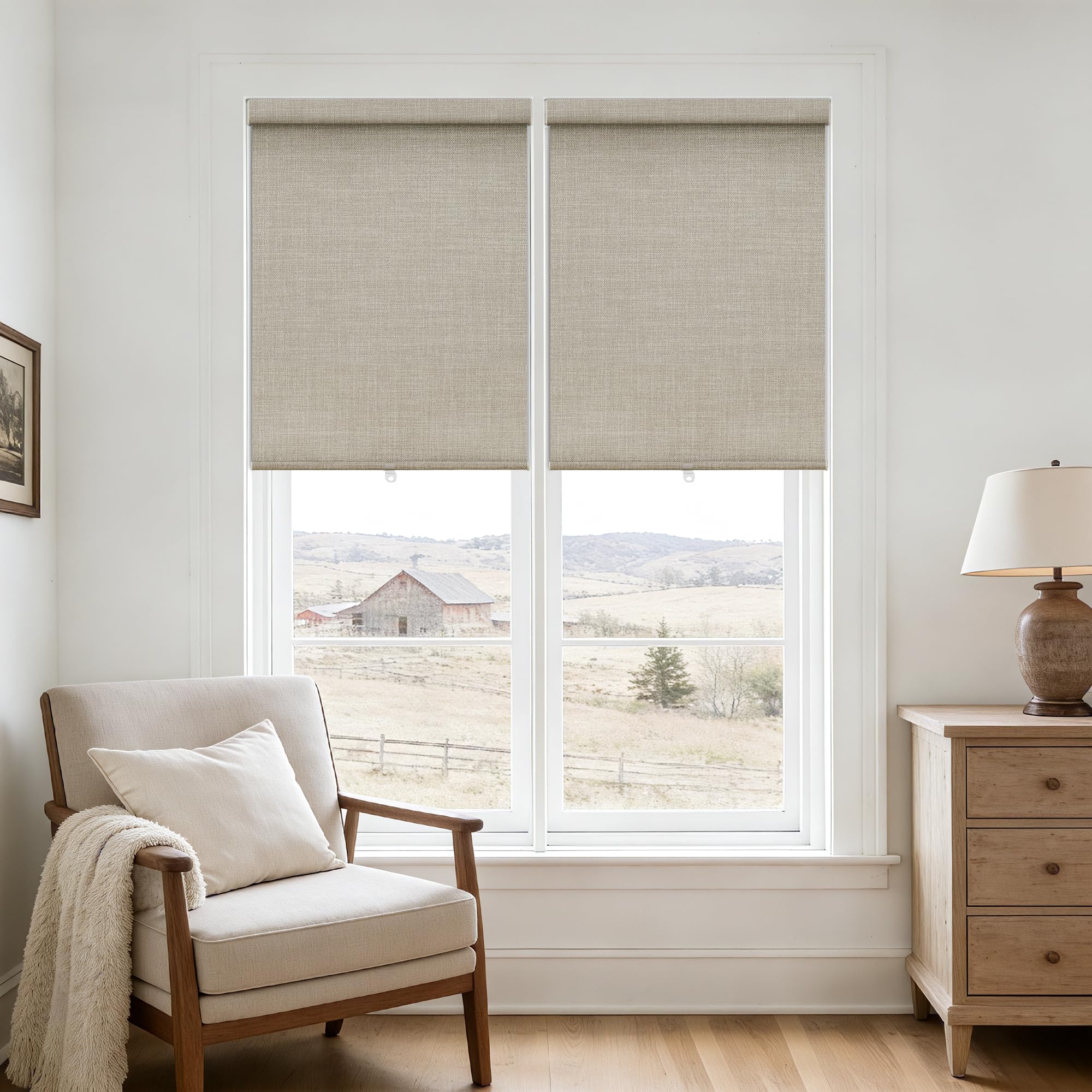 100% Blackout Roller Shades for Windows Cordless Linen Fabric Roller Blinds Thermal Insulated UV Protection Shades for Home Office Bedroom Door Bathroom Winodow Free-Stop System 21" W x 72" H Oatmeal