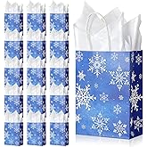 16Pcs Christmas Snowflake Party Gift Bags Winter Onederland Blue Treat Bags with 16Pcs White Tissue, Large Thick Kraft Paper Christmas Goodie Bag with Handles for Holiday Party Favor