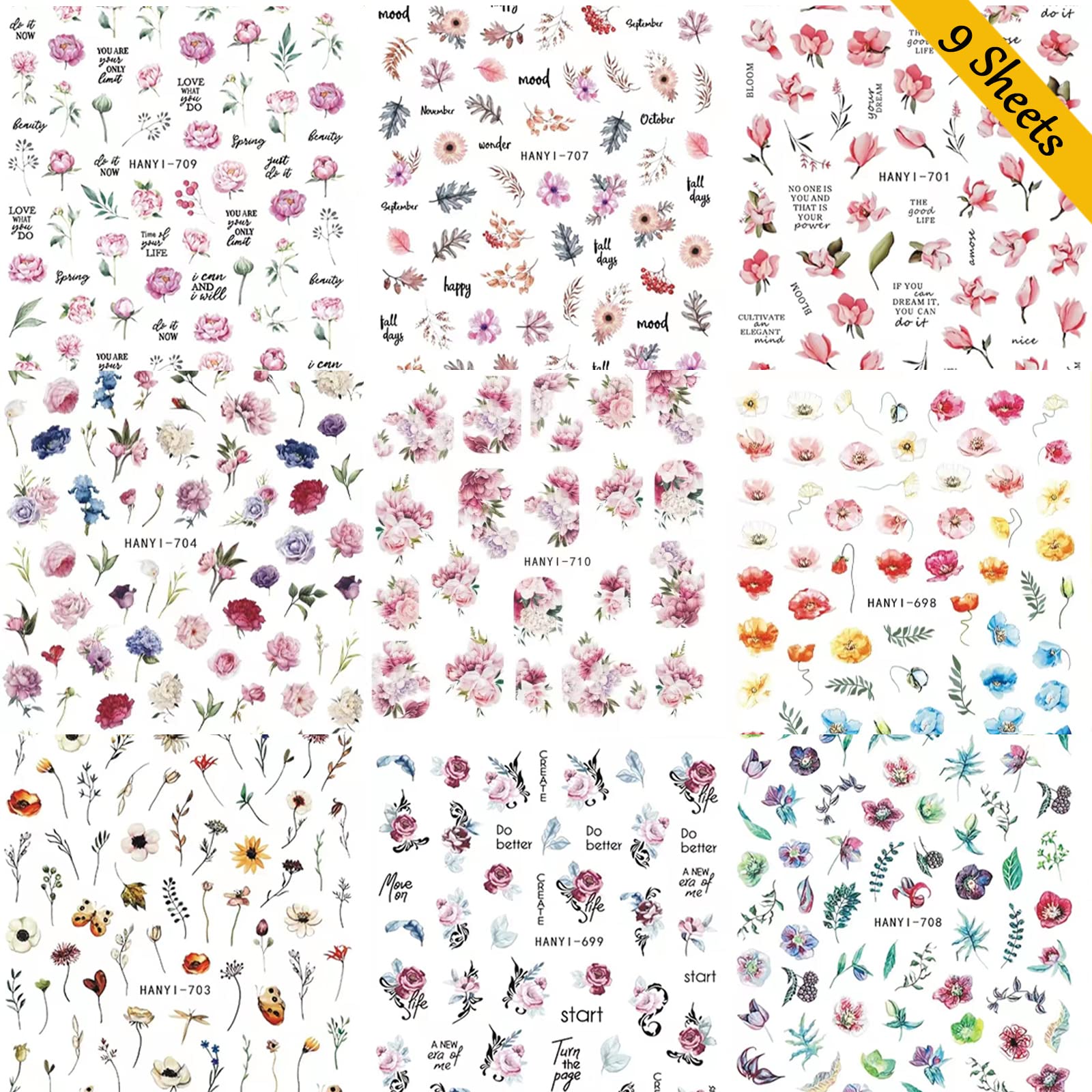 Baoximong 9 Sheets Flower Nail Art Stickers Decals 3D Self-Adhesive Nail Decals Spring Floral Nail Art Supplies Charming Daisy Leave Peony Nail Accessories for Women Nail Decorations Design - Image 7