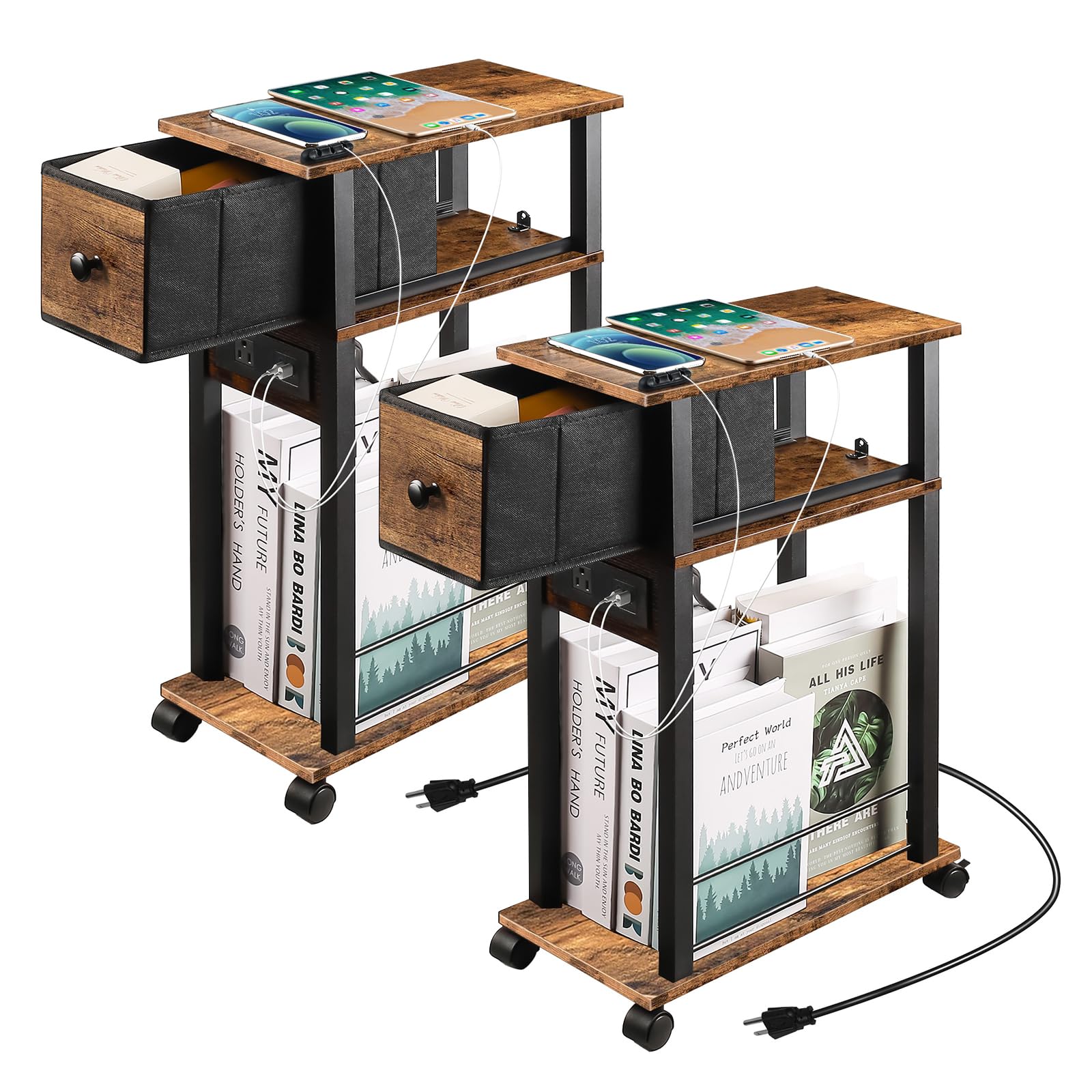 Photo 1 of DGSANDGO Side Table Set of 2, Side Table with Charging Station and Drawer, Narrow End Table with USB Ports and Outlets for Small Space, Living Room, Bedroom and Office, with 4 Wheels