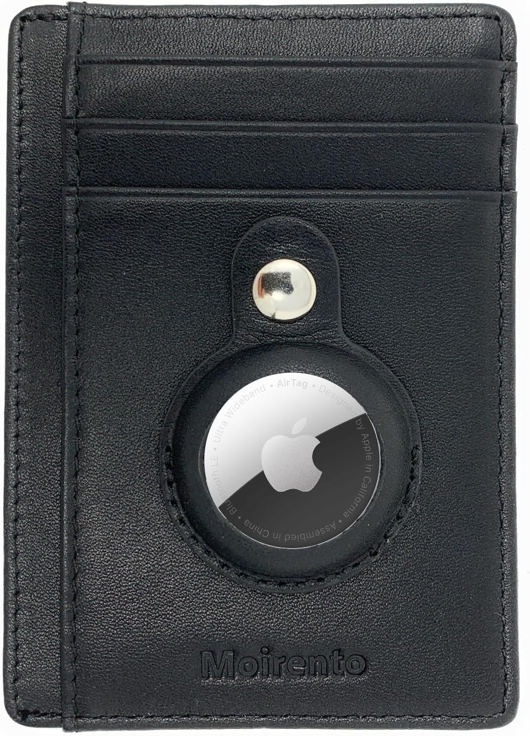 MOIRENTO AirTag Wallet - RFID Blocking Full Grain Leather for Men & Women - 5 Card Slots, Banknote Holder, Secure Unisex Adults - Black Leather Minimalist Design