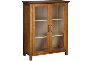 Teamson Home Avery Wooden Freestanding Floor Cabinet with 2 Adjustable Shelves 3 Storage Spaces 2 Glass Paneled Doors and 2 Antique Brass Knobs, Oiled Oak