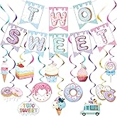 25 Pcs Two Sweet Donut Birthday Party Decorations Include Two Sweet Banner 24 Ice Cream and Donut Party Hanging Streamers 2nd Birthday Decorations for Girl