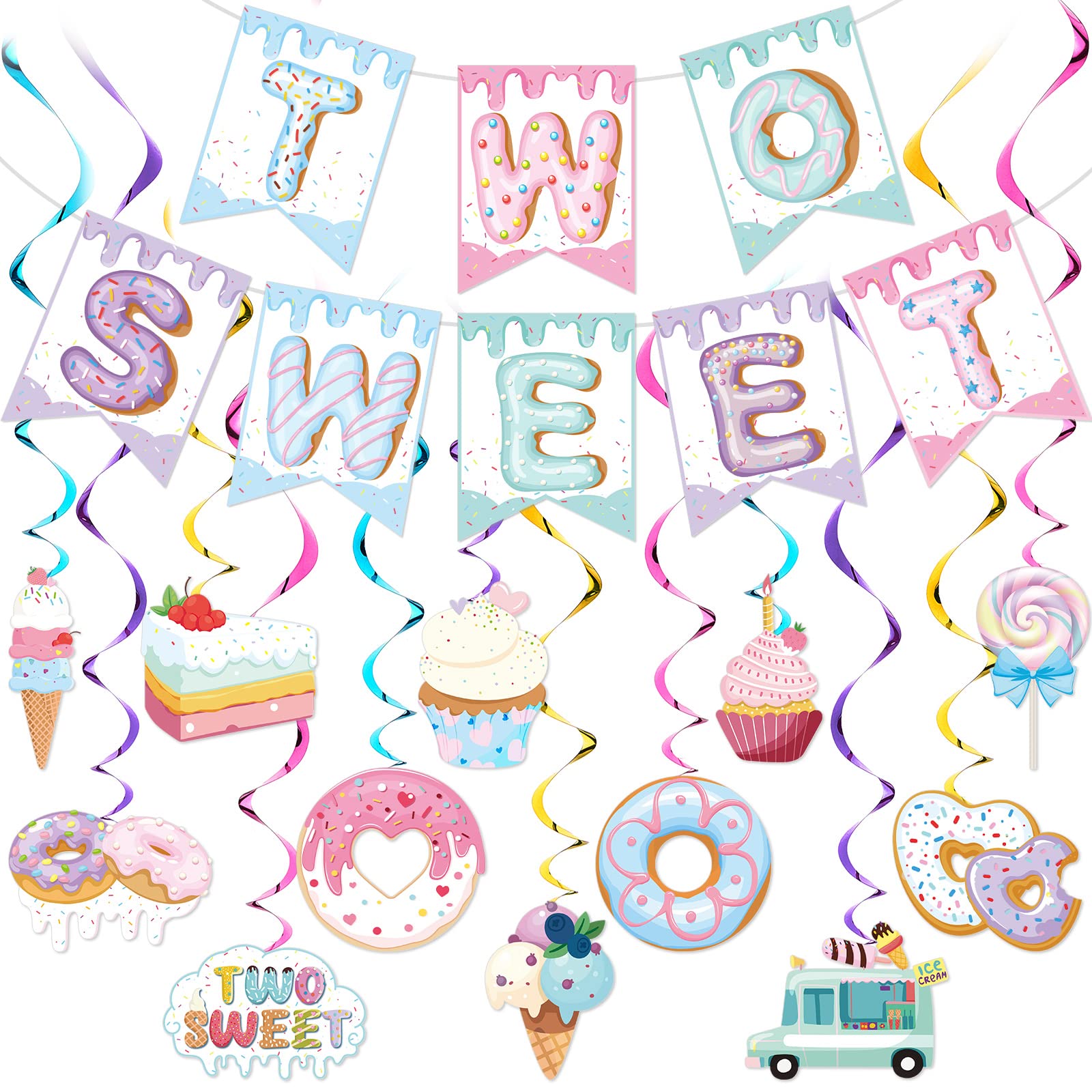 Photo 1 of 25 Pcs Two Sweet Donut Birthday Party Decorations Include Two Sweet Banner 24 Ice Cream and Donut Party Hanging Streamers 2nd Birthday Decorations for Girl