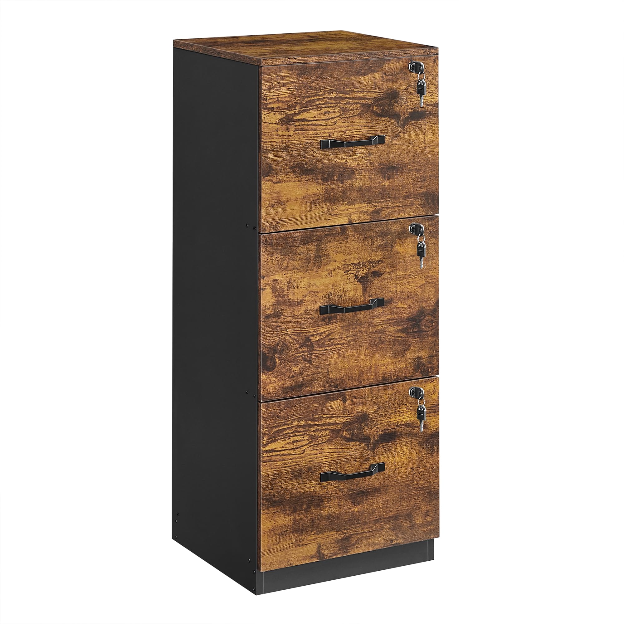 VASAGLE 3-Drawer Vertical File Cabinet, Rustic Brown and Black, for Home Office and Bedroom, A4 and Letter-Size Files, Lockable Drawers, Adjustable Hanging Rail, Printer Stand