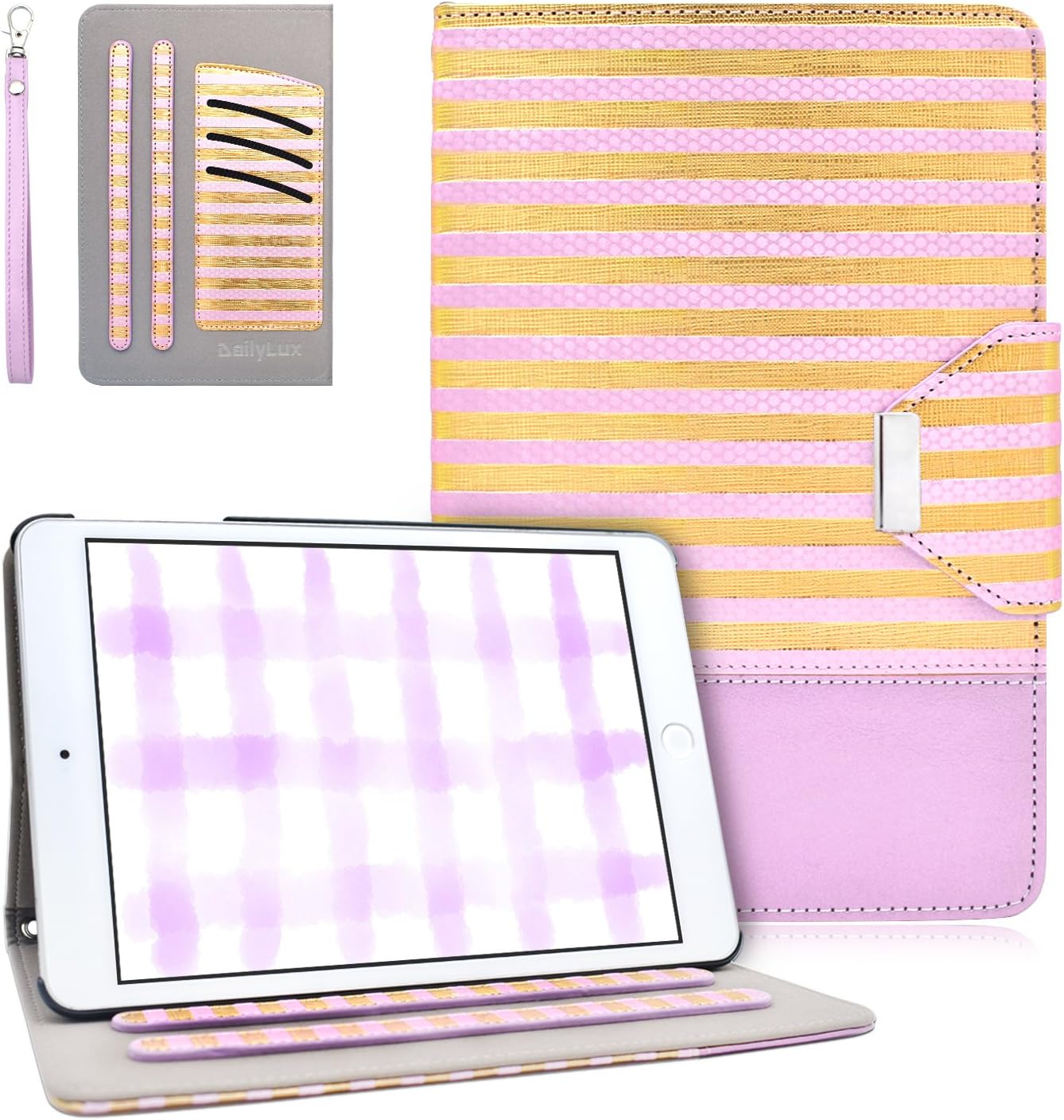 Dailylux iPad Mini Case,iPad Mini 2 Case,iPad Mini 3 Case Multiple Angle Stand Case PU Leather with Card Slots Folio Smart Cover for Apple iPad Mini 1/2/3 Auto Sleep/Wake Feature- Stripe+Purple