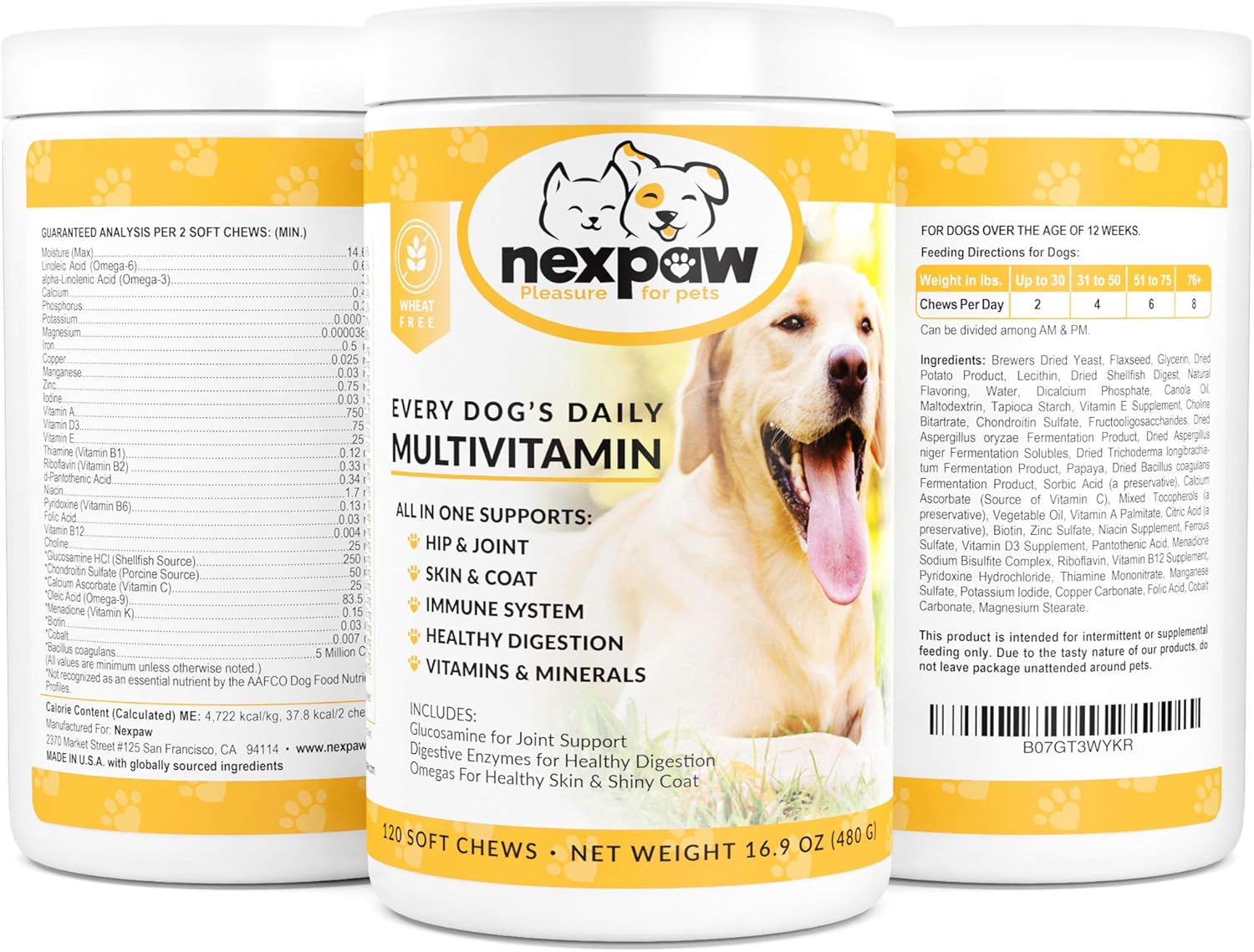 NEXPAW Multivitamins for Dogs. All-in-One Daily Dog Vitamins and Supplements for Joints, Immune System, Digestion, Skin & Coat. 120 Wheat Free Soft Chews : Pet Supplies