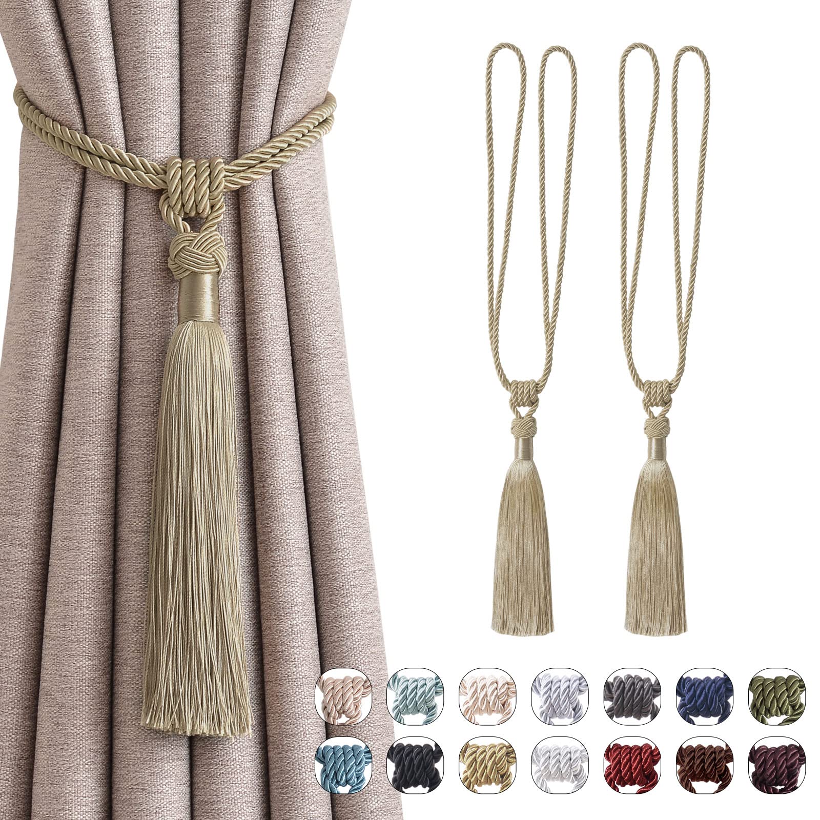 Pretty Jolly 2 Pack Long Tassel Curtain Tiebacks Handmade Braided Rope Knot Drape Tie Backs European Style Decorative Curtain Holdbacks for Home & Office Window Drapery (Khaki)
