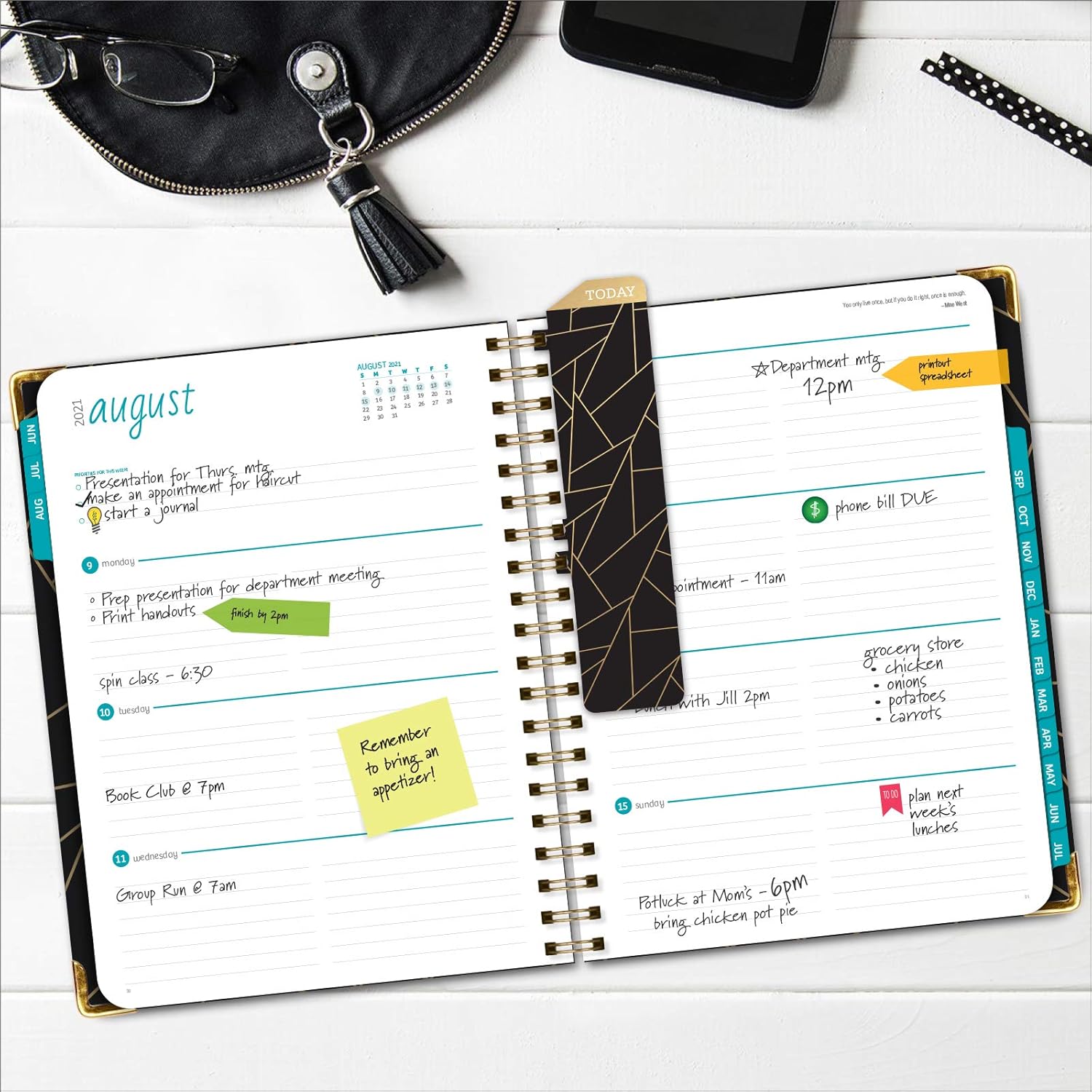 HARDCOVER Academic Year 2021-2022 Planner: (June 2021 Through July 2022) 8.5"x11" Daily Weekly Monthly Planner Yearly Agenda. Bookmark, Pocket Folder and Sticky Note Set (Black Gold Triangles) : Office Products