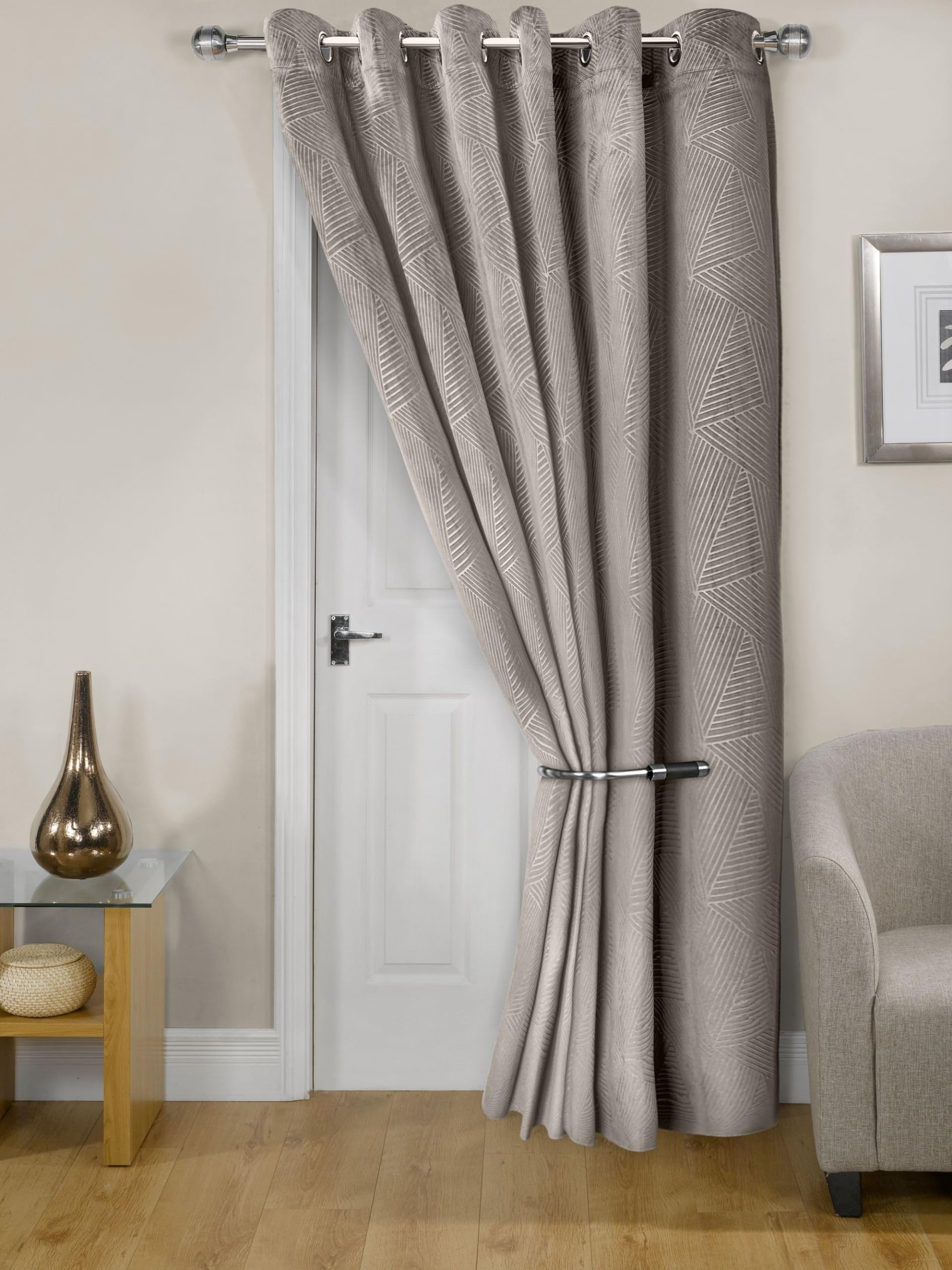 Emma Barclay Midnight - Embossed Velvet Woven Thermal Eyelet Door Curtain (Stone, Width 46" x 84"Drop (137x213cm))