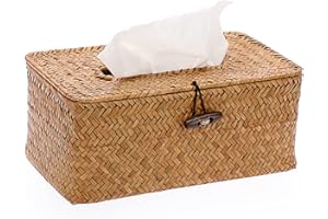 Sumnacon Tissue Box Cover Rectangle Tissue Box Seagrass Tissue Box Holder Woven Tissue Holder Decorative Tissue Cover for Bathroom Tissue Box Cover Rectangular for Home Office Table Caramel