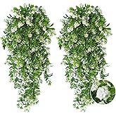 RECUTMS 2Pcs Artificial Hanging Flowers for Outdoor Decoration Fake Hanging Plants Faux White Flowers Artificial UV Resistant Plastic Greenery Vines Ivy for Outdoor Indoor Garden Party Decor（White）