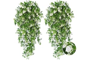 RECUTMS 2 Pack Artificial Hanging Plants for Outdoors 22.4" Fake Hanging Flowers UV-Resistant Plastic Spring Greenery Faux Vi