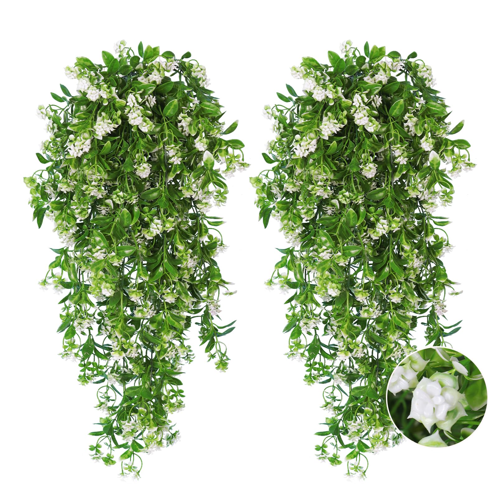 Photo 1 of RECUTMS 2Pcs Hanging Flower Artificial Vine Hanging Plants Greenery Faux Greenery Artificial Hanging Plants for Outdoors Hanging Basket Plastic Home Garden Wedding Party Decorations(White)