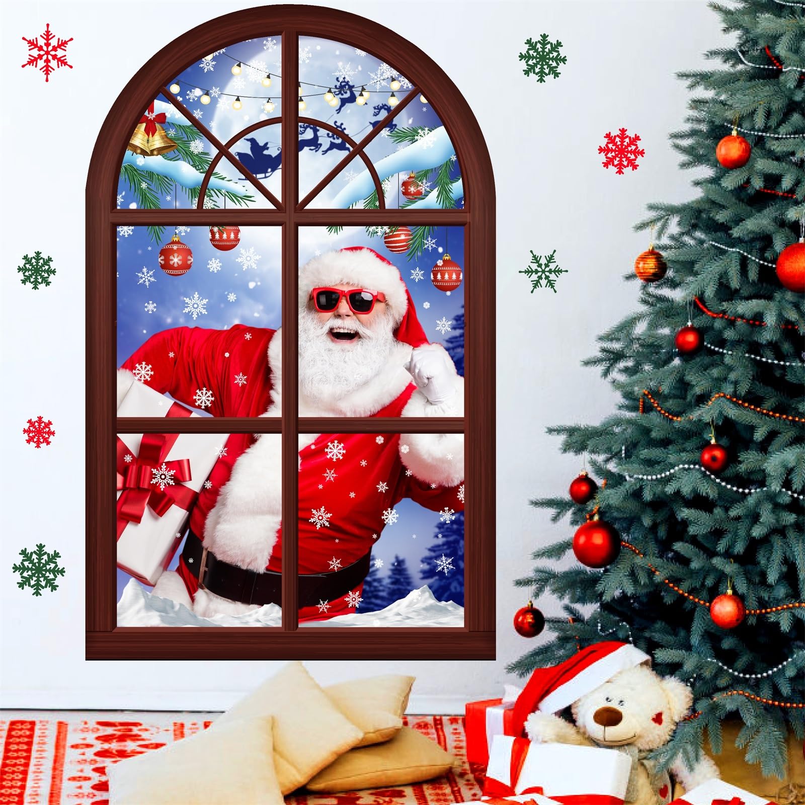 Large Merry Christmas Wall Decals Funny Santa Claus Stickers 3D Xmas Fake Window Wall Decals Peel and Stick Reindeer Snowflakes Winter Wall Stickers for Kids Room Living Room Party Supplies Gift Decor