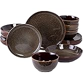 Gibson Elite Edwina 16-Piece Double Bowl Dinnerware Set, Service for 4 – Dark Green Stoneware Plates and Bowls