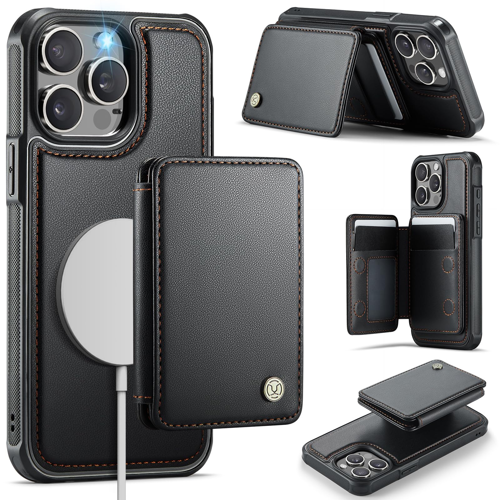 Photo 1 of Usroom Compatible with Magsafe for iPhone 15 Pro Wallet Case Magnetic Card Holder, RFID Blocking 2 in 1 Detachable Kickstand Shockproof Case for Apple iPhone 15 Pro, Black