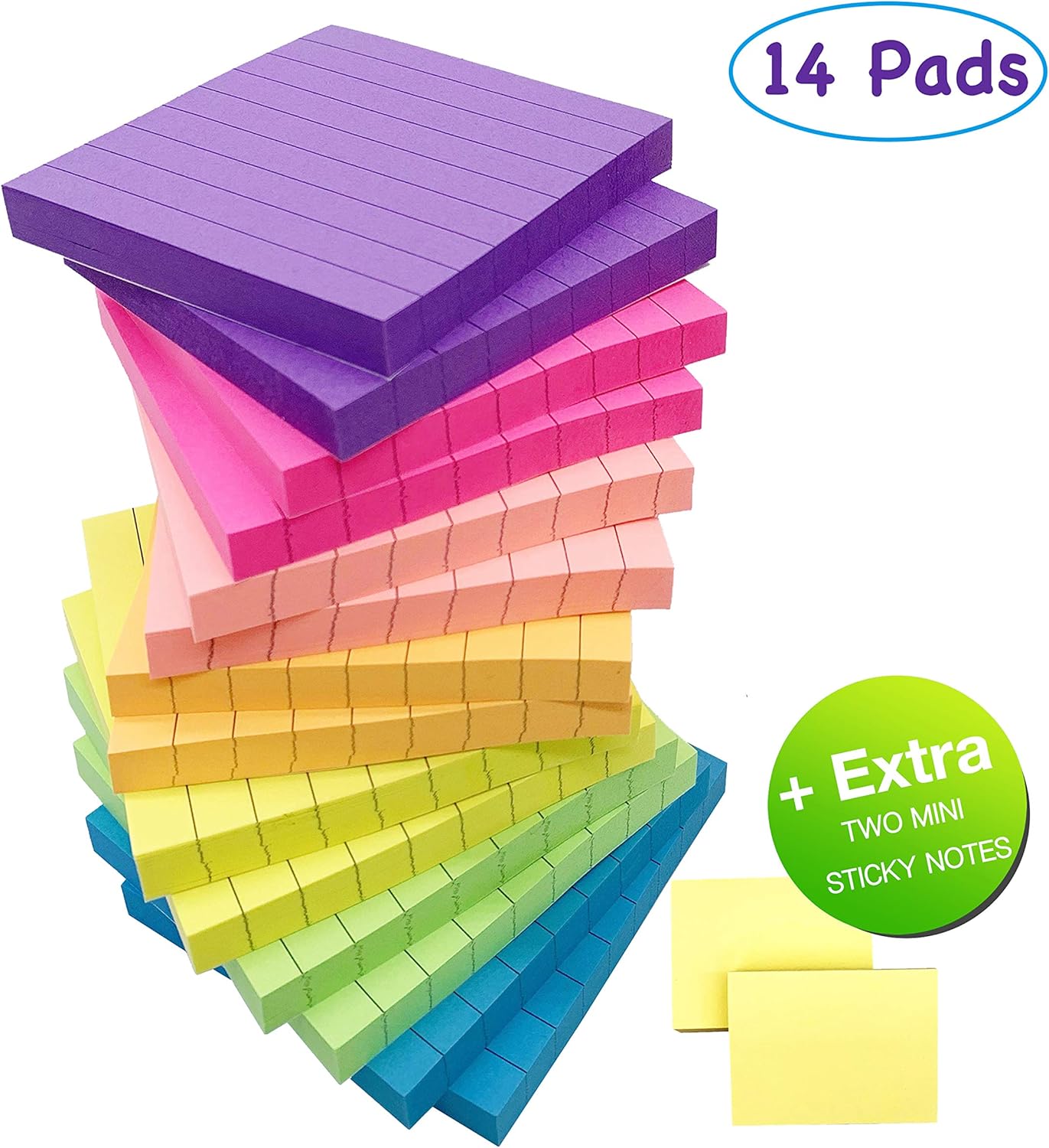 Lined Sticky Notes Post its - Bright Color Sticky Notes Pads 3x3 inches 80 Sheets x 14 Pads Neon Pink Green Yellow Pink Orange Blue Purple Extra 2 Mini Sticky Notes 1.5 x 2 inches