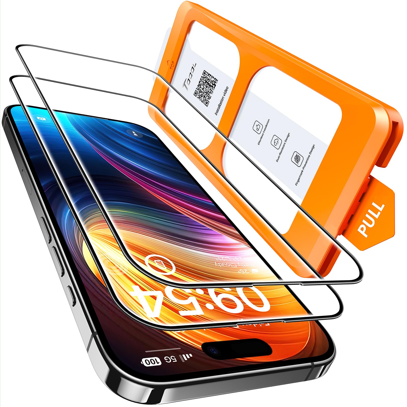 TOCOL 2 Pack for iPhone 16 Screen Protector 6.1-Inch, Instant Installation, 9H+ Hardness Tempered Glass, 14FT Military Grade Shatterproof, HD Clear Full Coverage Protection, Case Friendly