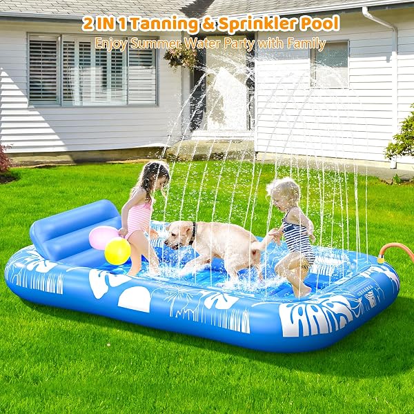 INFLATABLE TANNING POOL LOUNGER FLOAT WITH SPRINKLER, 77″ X 48″ POOL FLOATS ADULT WITH PILLOW, 6 IN 1 SUNTAN TUB RAFT FLOATIE WITH DRINK HOLDER SUNBATHING WATER LOUNGE
