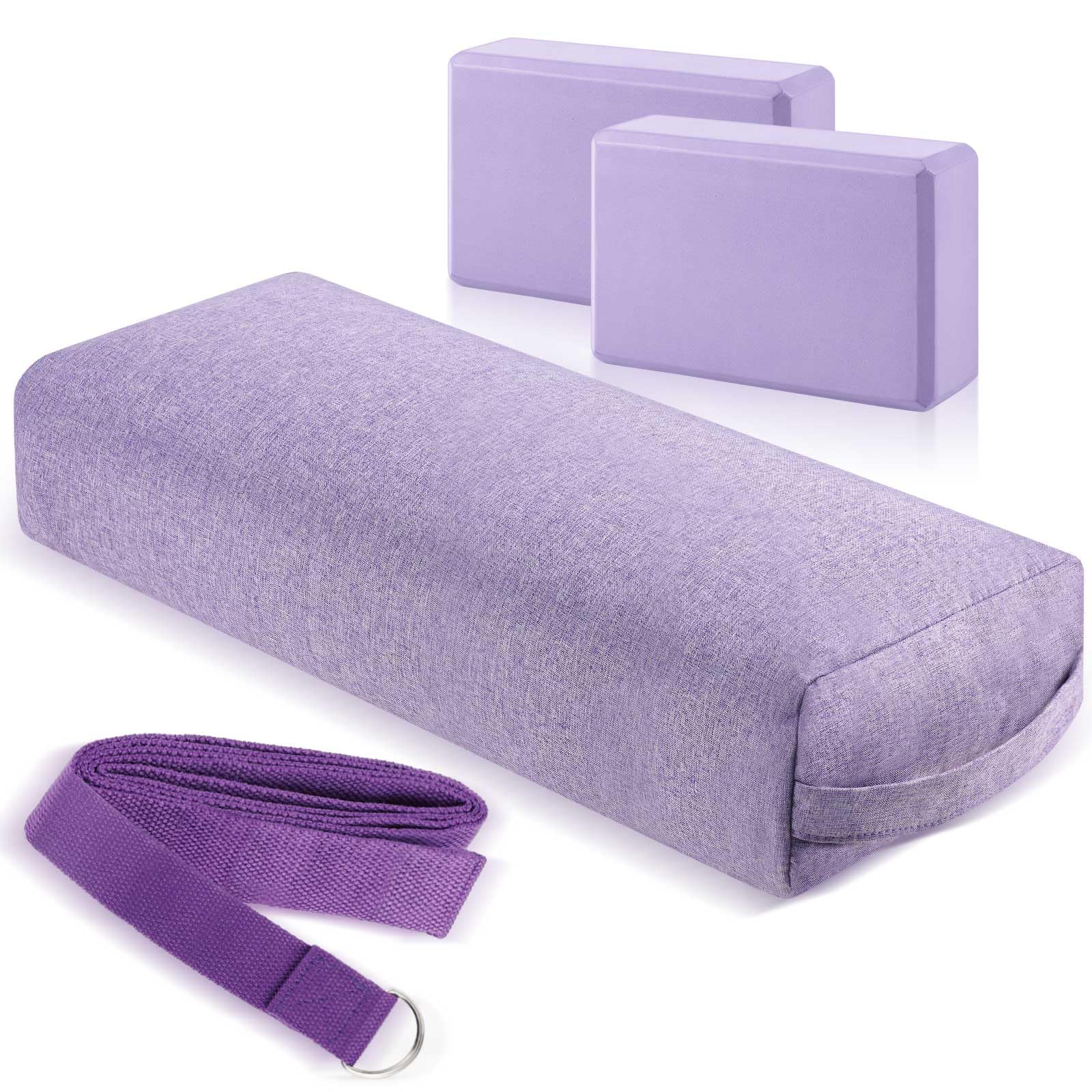 Photo 1 of PullCrease 4 Pcs Yoga Bolster Pillows Blocks with Strap Set Comfortable Meditation Pillow for Restorative Non Slip Reusable Yoga Blocks for Balance, Pilates(Purple)