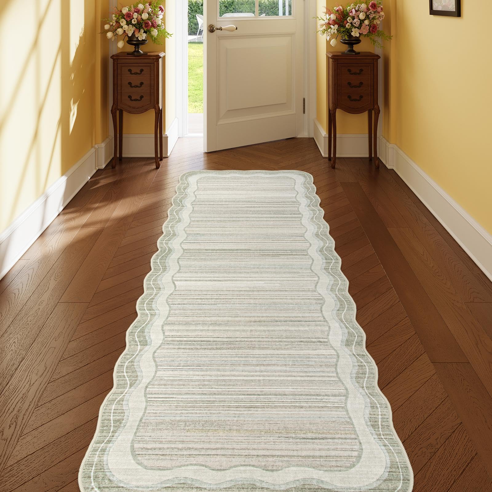 Photo 1 of Lahome Scalloped 2x6 Washable Rug Runners for Hallways Non-Slip, Beige Kitchen Bathroom Carpet Runner, Modern Abstract Soft Low-Pile Indoor Rugs for Entryway Laundry Room Foyer