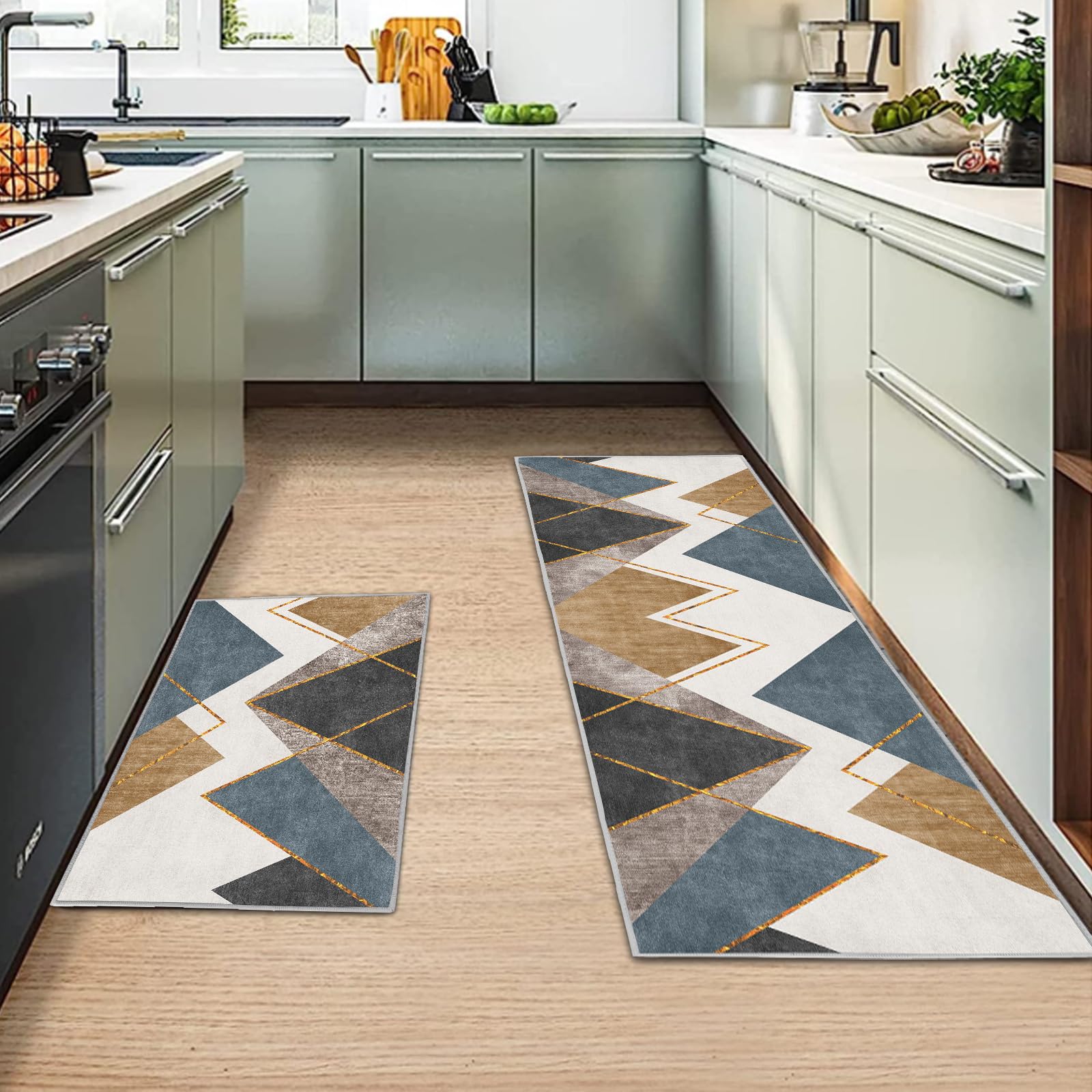 MIQEBX 2 Pcs Kitchen Rugs and Mats, Anti Fatigue Kitchen Rug Sets,Comfort Floor Mats Washable Non Slip Kitchen Rug Runner for Office Sink Laundry (Geometry D, 43x150cm+43x75cm)